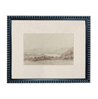 The image is a framed landscape painting depicting a serene countryside scene with rolling hills, trees, and a body of water.