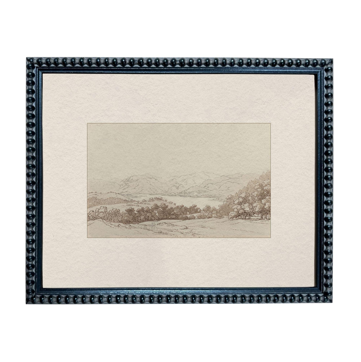The image is a framed landscape painting depicting a serene countryside scene with rolling hills, trees, and a body of water.