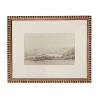 The image is a framed landscape painting depicting a serene countryside scene with mountains, trees, and a lake.