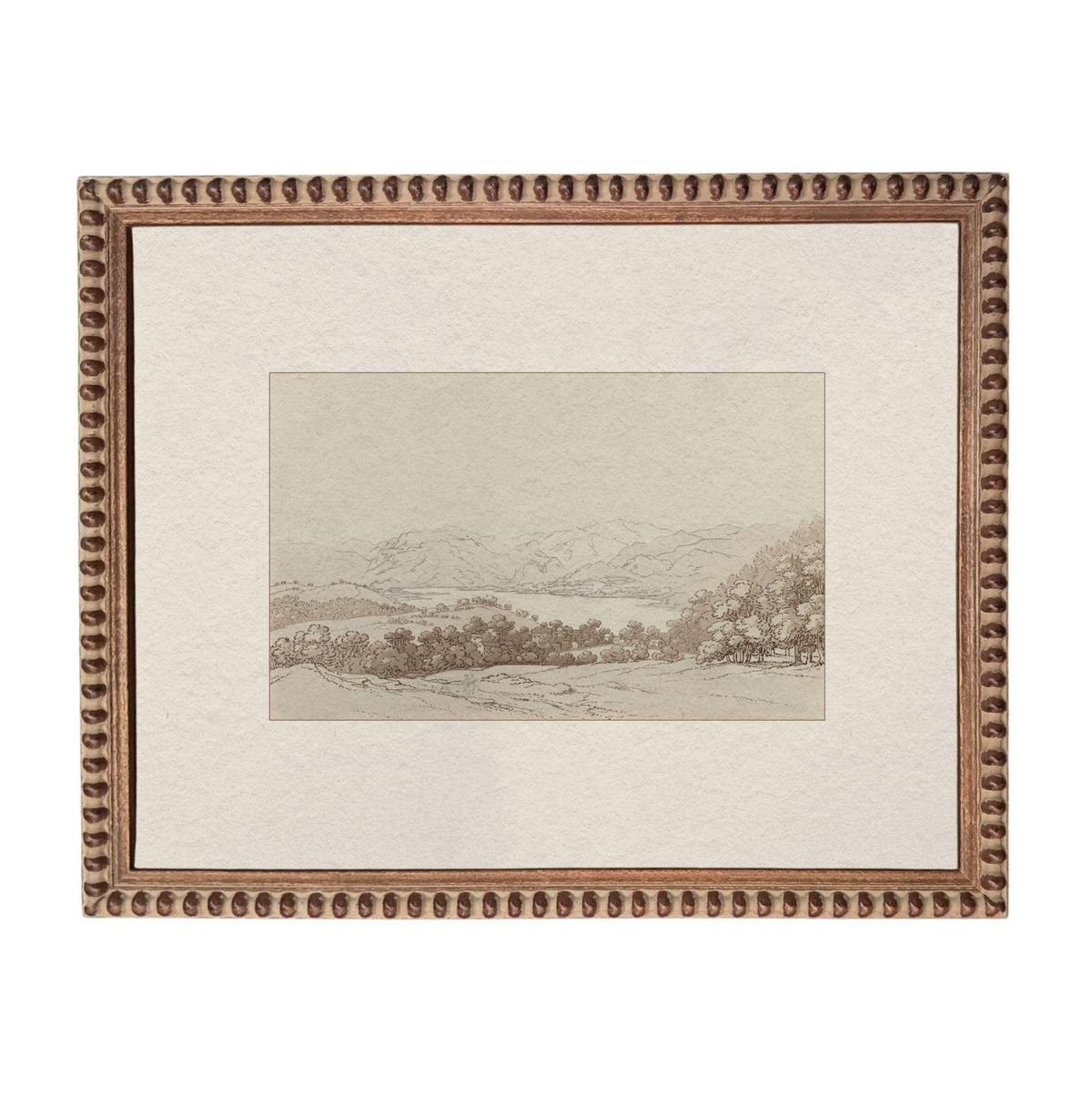 The image is a framed landscape painting depicting a serene countryside scene with mountains, trees, and a lake.