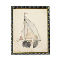 A framed painting depicting a sailboat on the water.