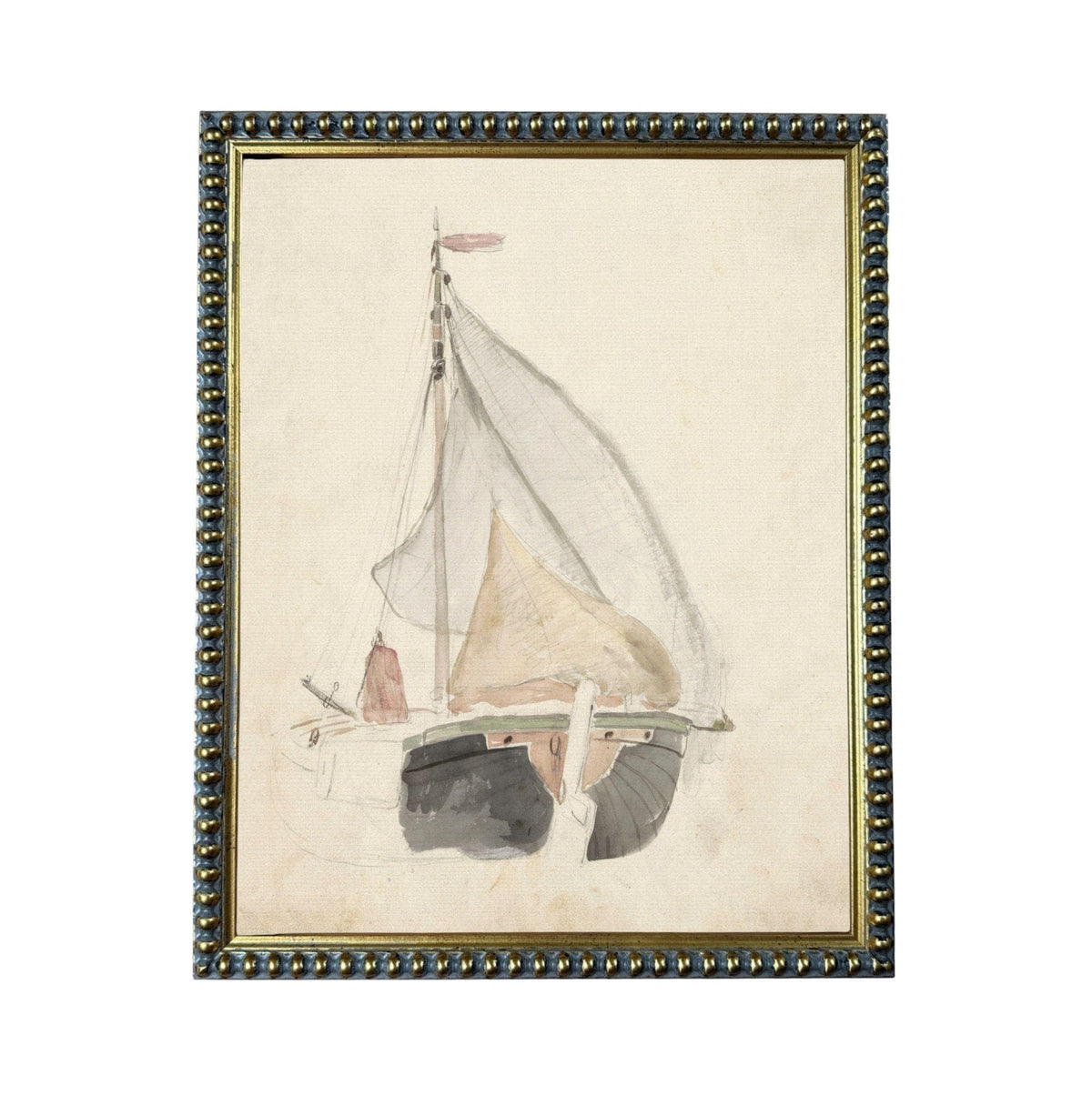 A framed painting depicting a sailboat on the water.