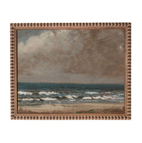 The image is a painting of a beach scene with waves crashing against the shore.