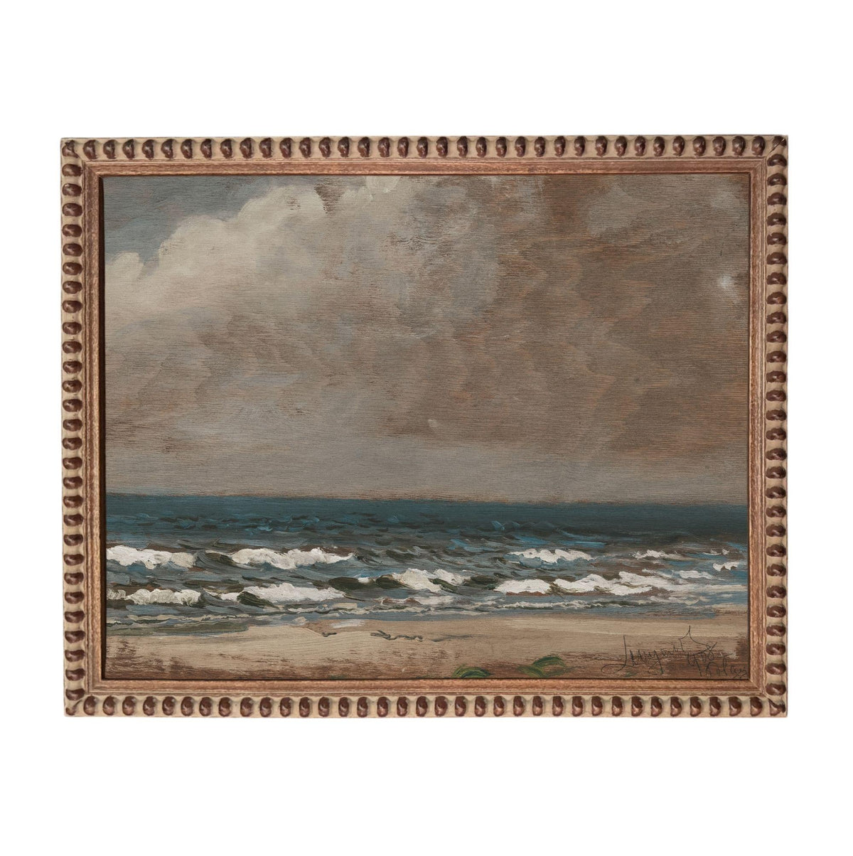 The image is a painting of a beach scene with waves crashing against the shore.