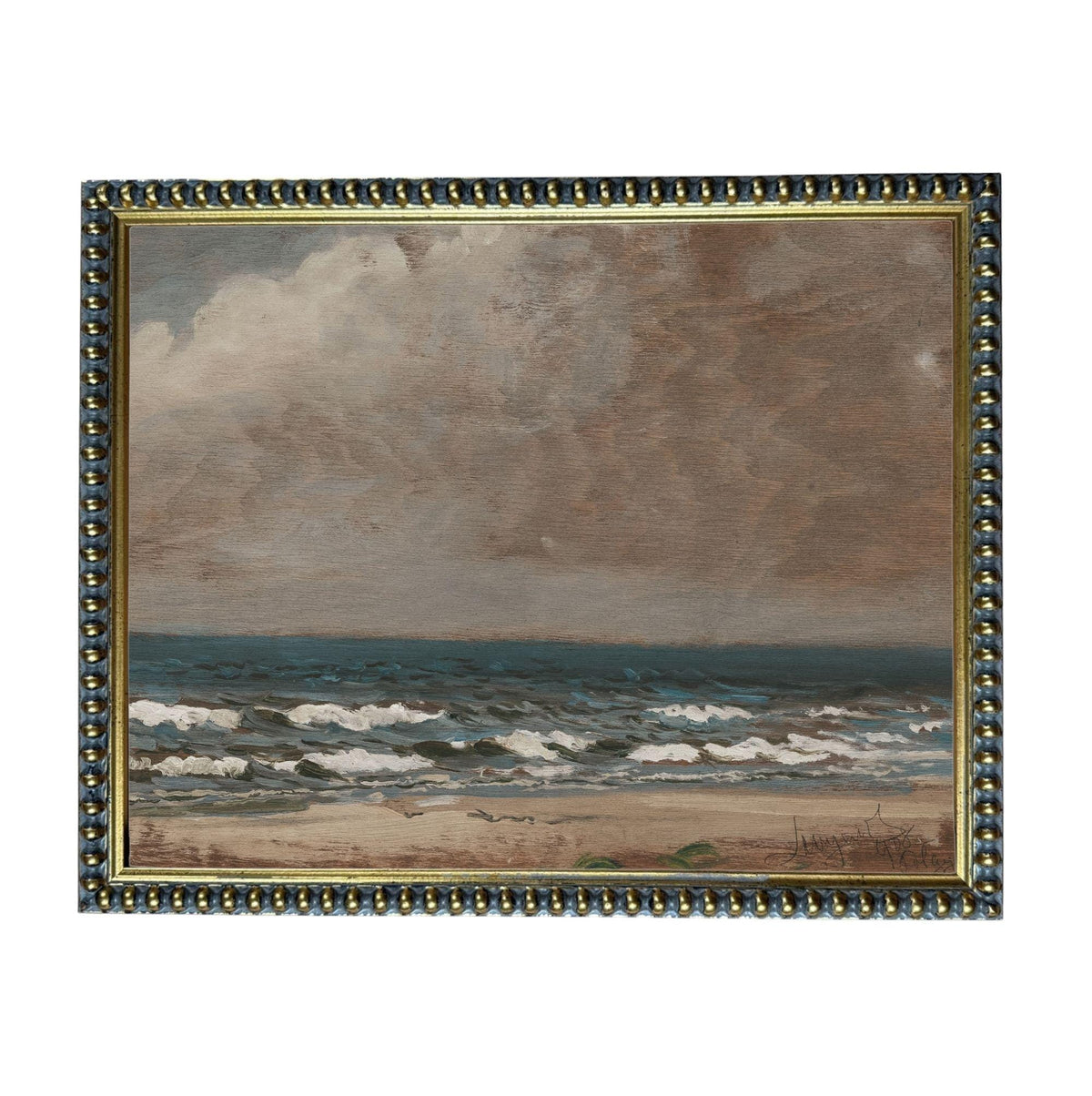 The image is a painting of a beach scene with waves crashing onto the shore.