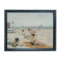 a lively beach scene with people relaxing and enjoying the sun.