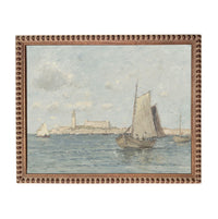 The image is an oil painting depicting a serene scene of sailboats on the water, with a cityscape in the background.