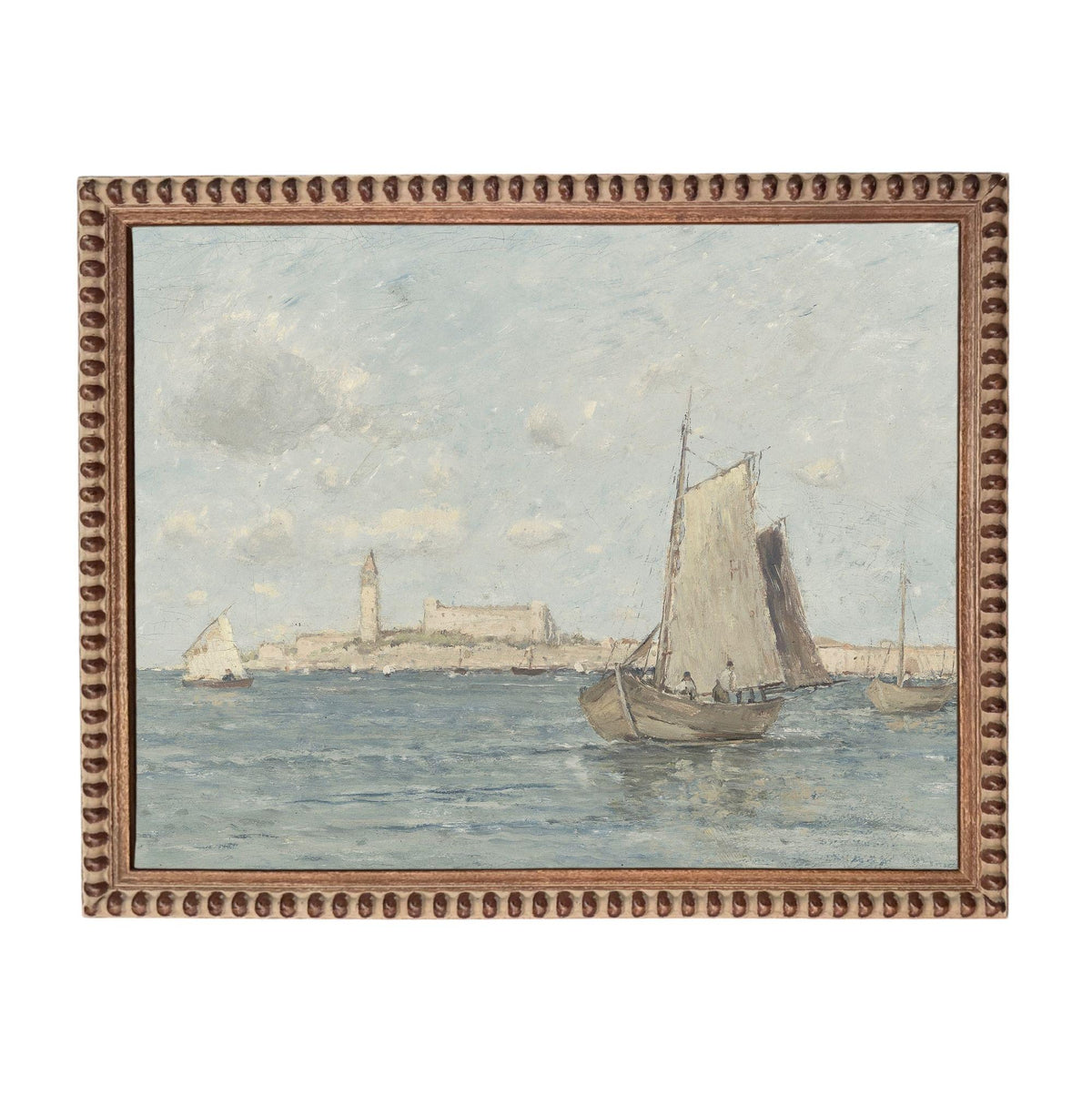 The image is an oil painting depicting a serene scene of sailboats on the water, with a cityscape in the background.