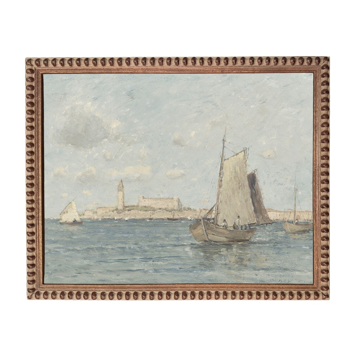 The image is an oil painting depicting a serene scene of sailboats on the water, with a cityscape in the background.