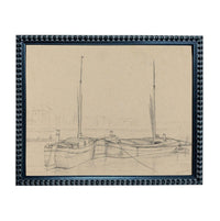 A framed sketch of two boats docked in a harbor, with a coastal landscape in the background.
