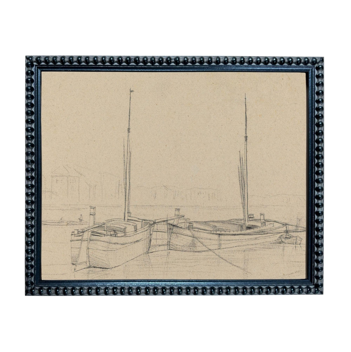 A framed sketch of two boats docked in a harbor, with a coastal landscape in the background.