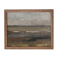 The image is a painting of a serene landscape depicting a body of water, possibly a lake or ocean, with a cloudy sky in the background.