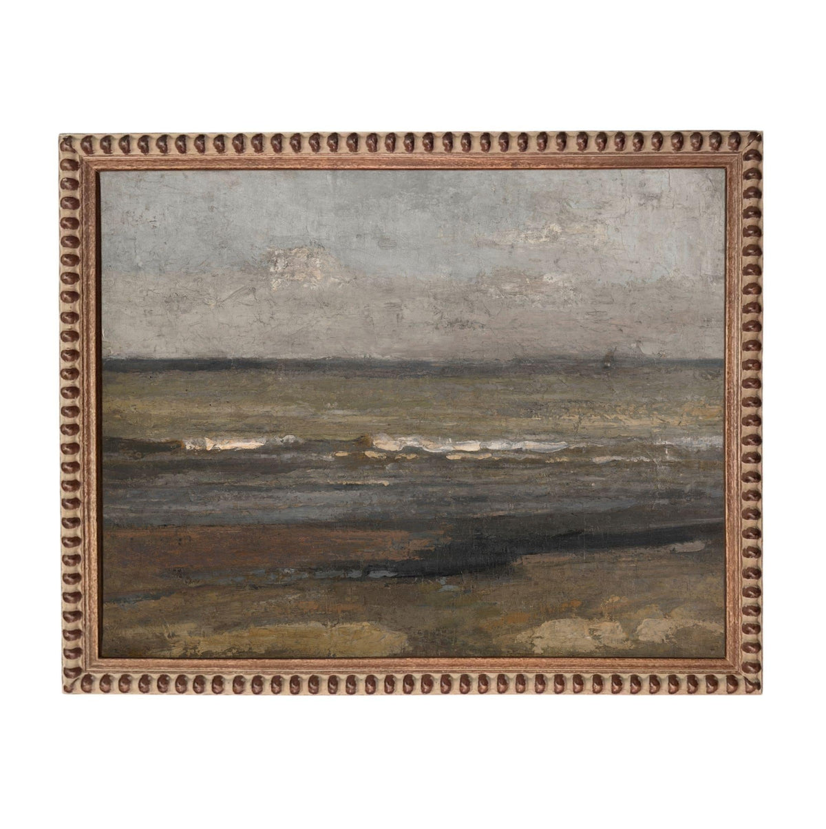 The image is a painting of a serene landscape depicting a body of water, possibly a lake or ocean, with a cloudy sky in the background.