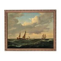 a large sailing ship with three masts navigating through rough seas, accompanied by a smaller sailboat in the distance.