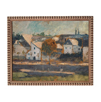 The image is an oil painting depicting a rural landscape with a small town or village in the background. The painting features a variety of colors, including shades of green, blue, and brown, creating a serene and picturesque scene.