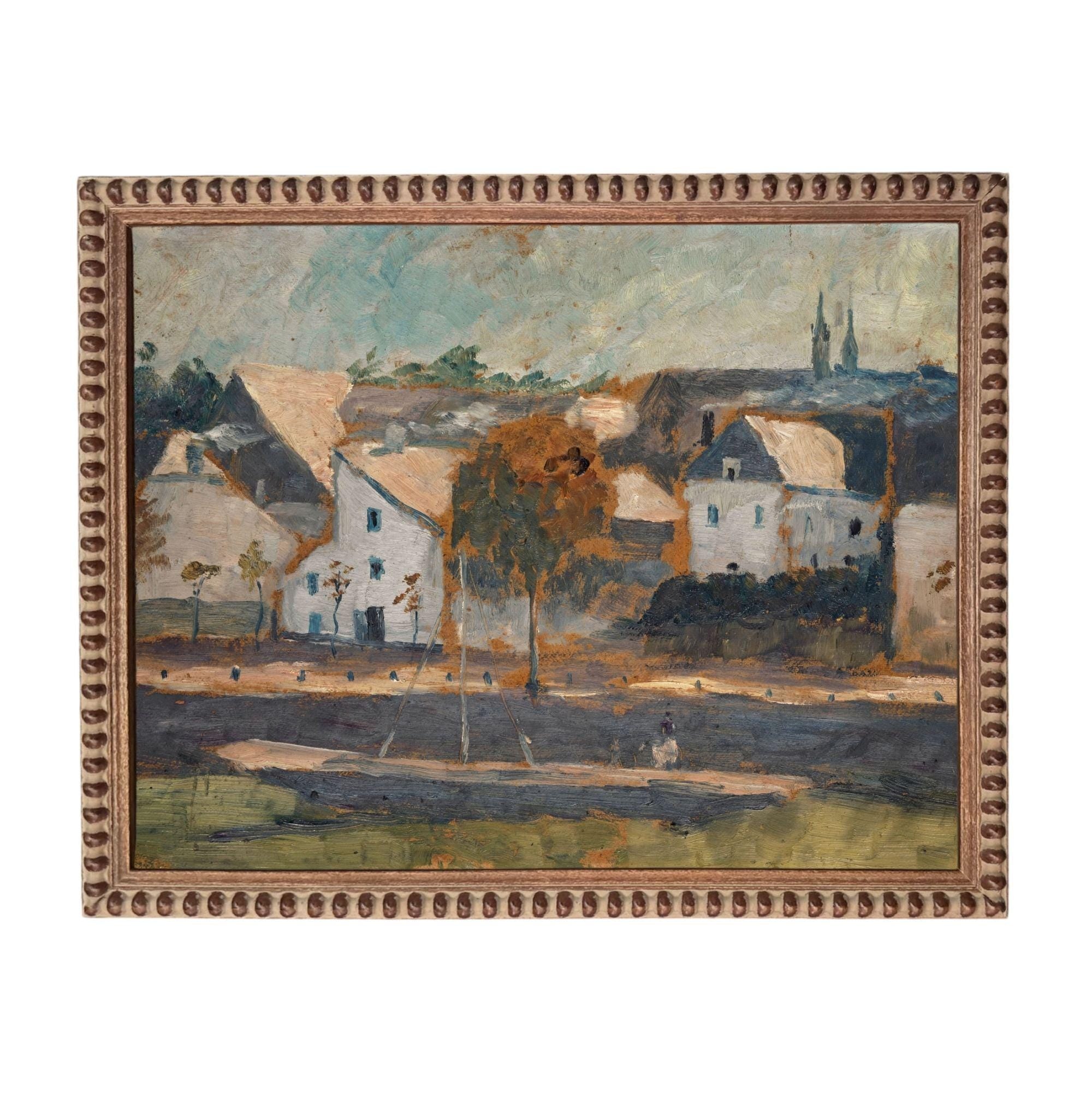 The image is an oil painting depicting a rural landscape with a small town or village in the background. The painting features a variety of colors, including shades of green, blue, and brown, creating a serene and picturesque scene.