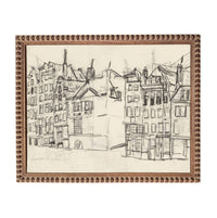 A black and white sketch of a cityscape with tall buildings and a central archway.