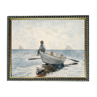 A man is rowing a small boat with two other people in the water, with sailboats visible in the background.