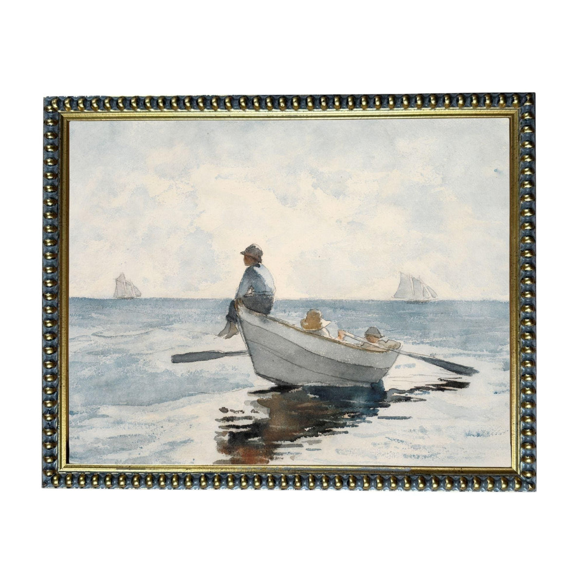 A man is rowing a small boat with two other people in the water, with sailboats visible in the background.