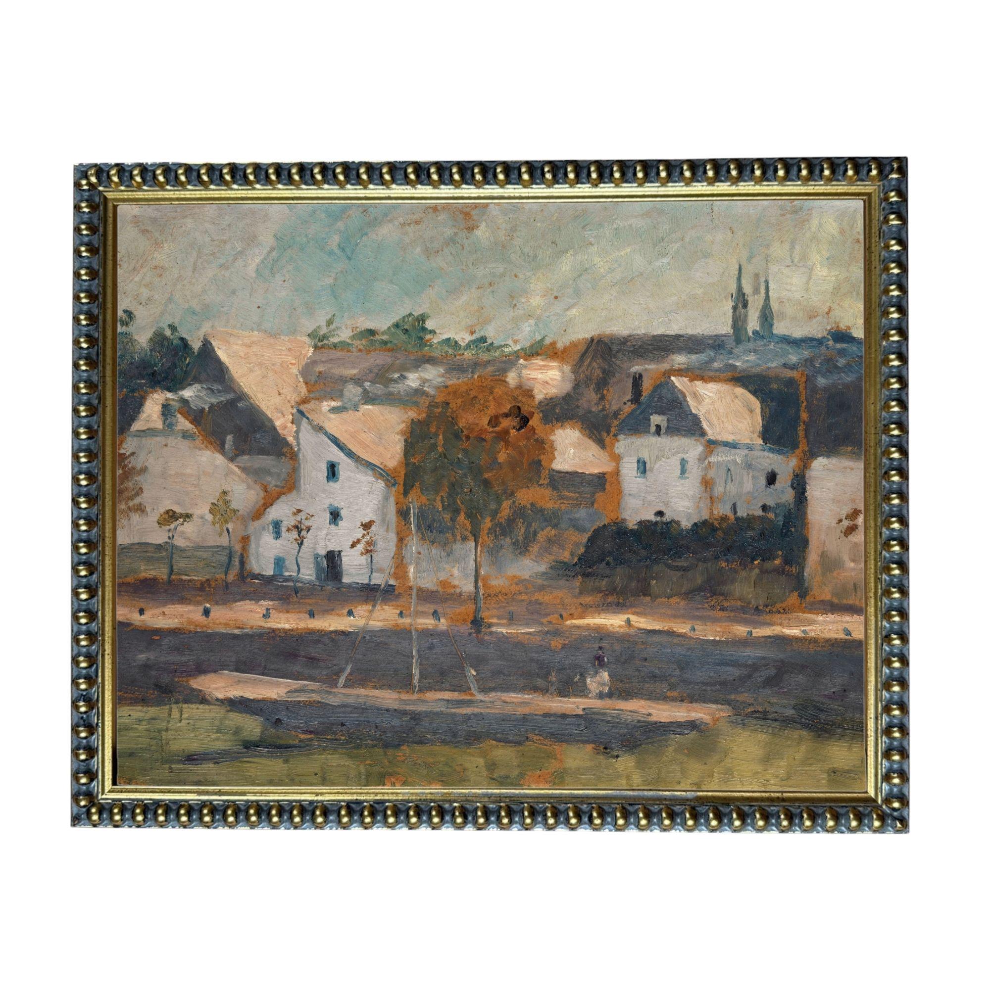 The image is an oil painting depicting a rural landscape with a road, buildings, and trees.