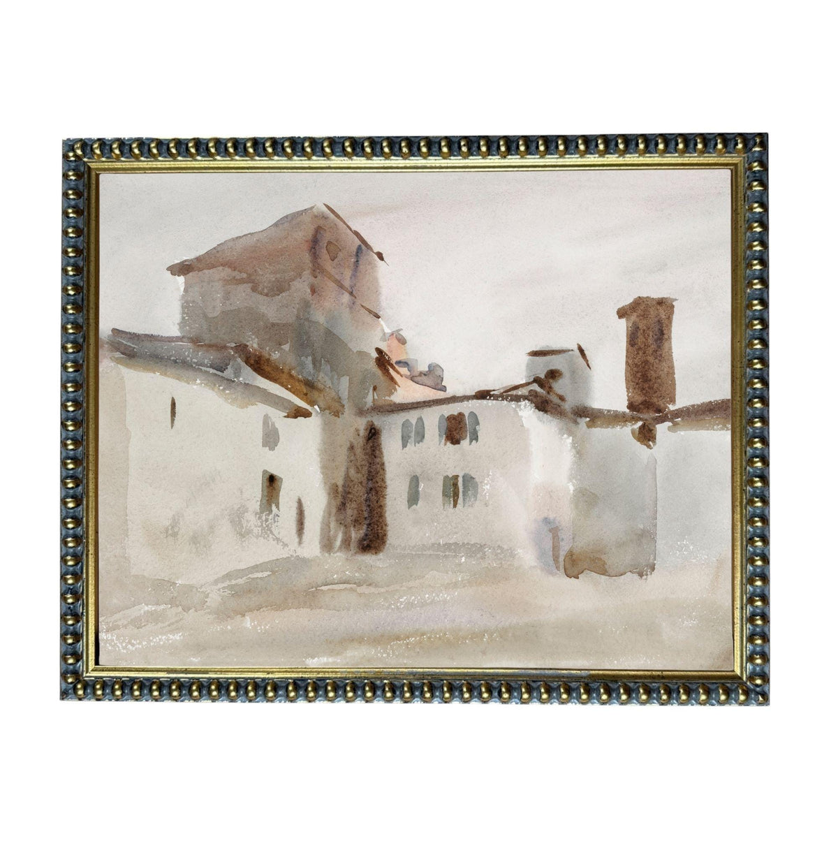 The image is a watercolor painting of a building with a tower, set against a cloudy sky.