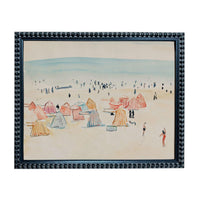 The image is a framed painting depicting a beach scene with colorful tents and people enjoying the beach.