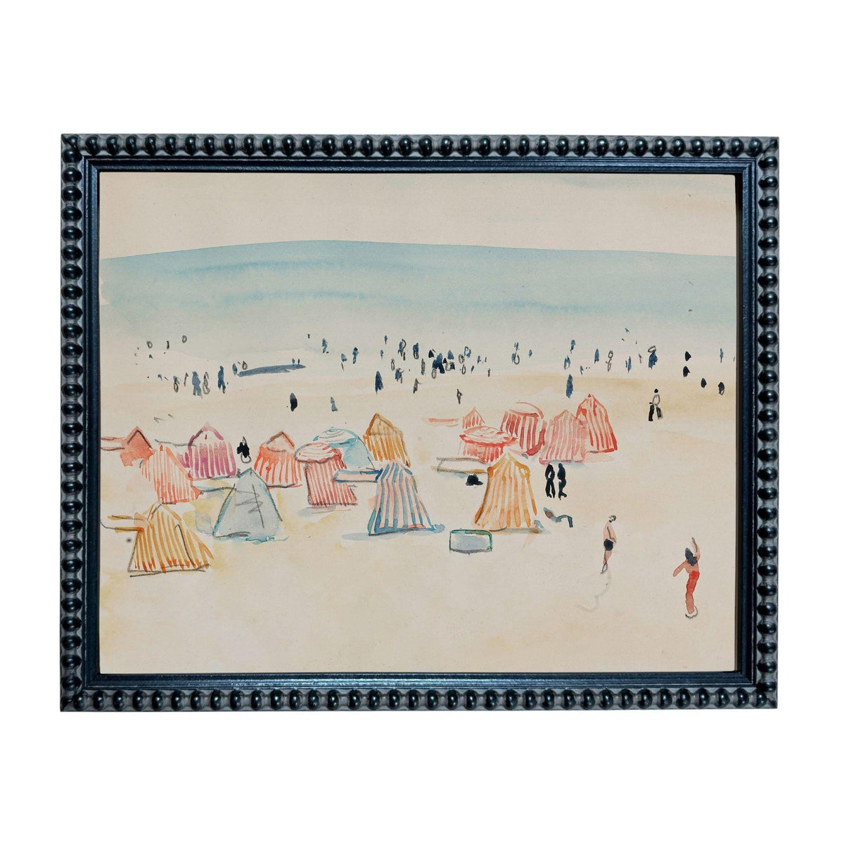 The image is a framed painting depicting a beach scene with colorful tents and people enjoying the beach.