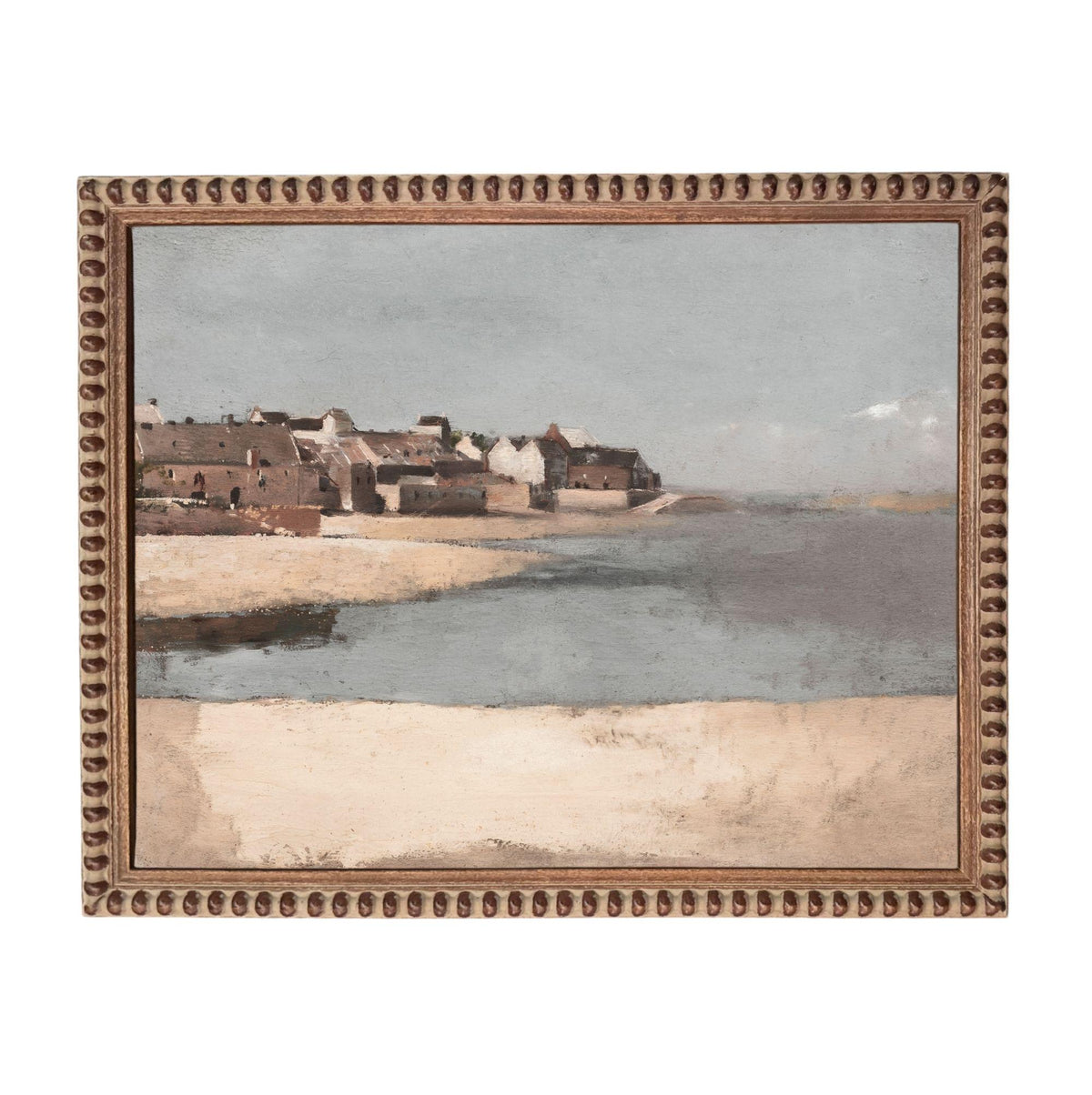 The image is a painting of a coastal town with buildings and a beach in the background.