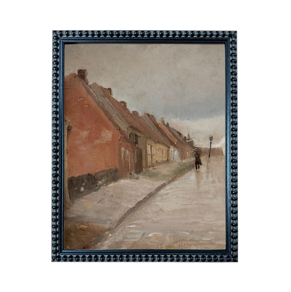 The image is an oil painting depicting a street scene with a person walking down the sidewalk.