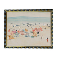 The image is a watercolor painting depicting a beach scene with colorful tents and people enjoying the beach.