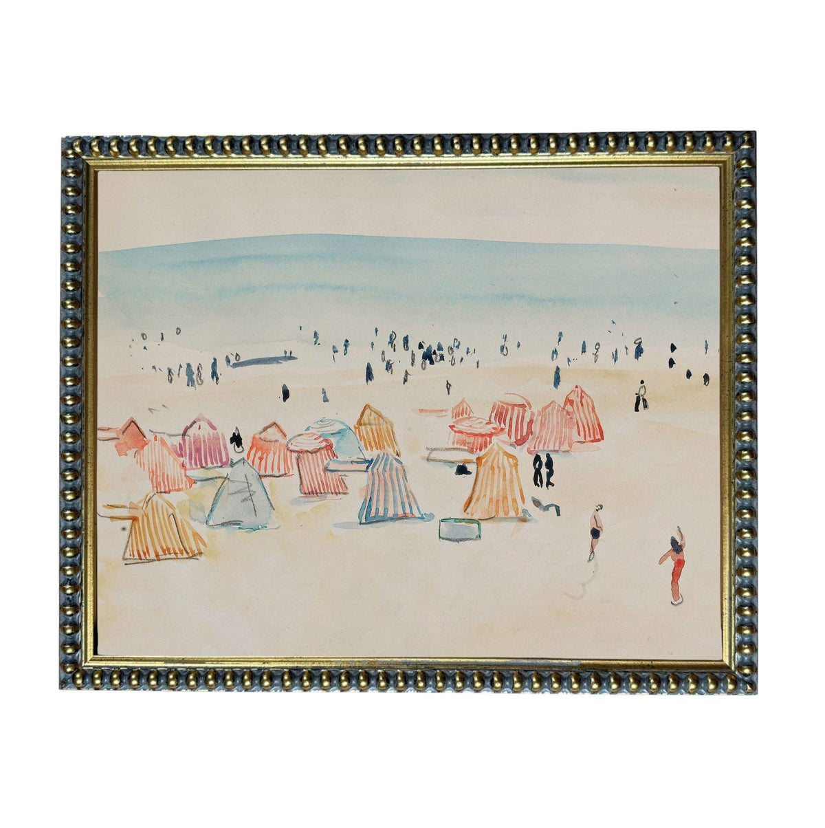 The image is a watercolor painting depicting a beach scene with colorful tents and people enjoying the beach.