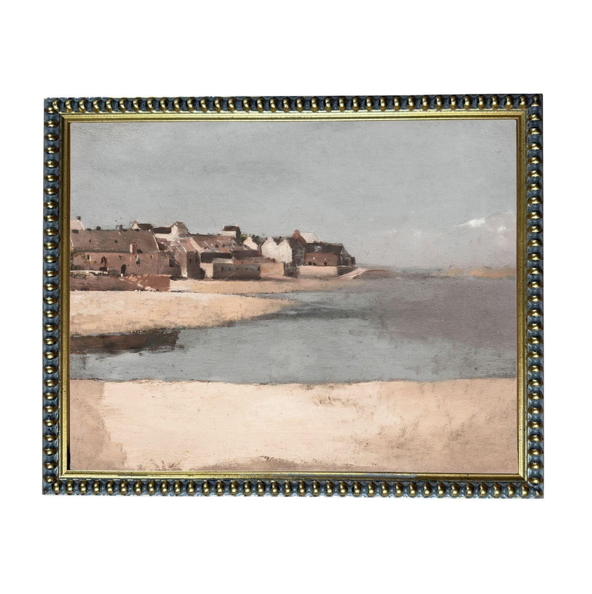 The image is a painting of a coastal town with buildings and a beach in the background.