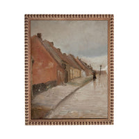 The image is an oil painting depicting a street scene with a person walking down the sidewalk.