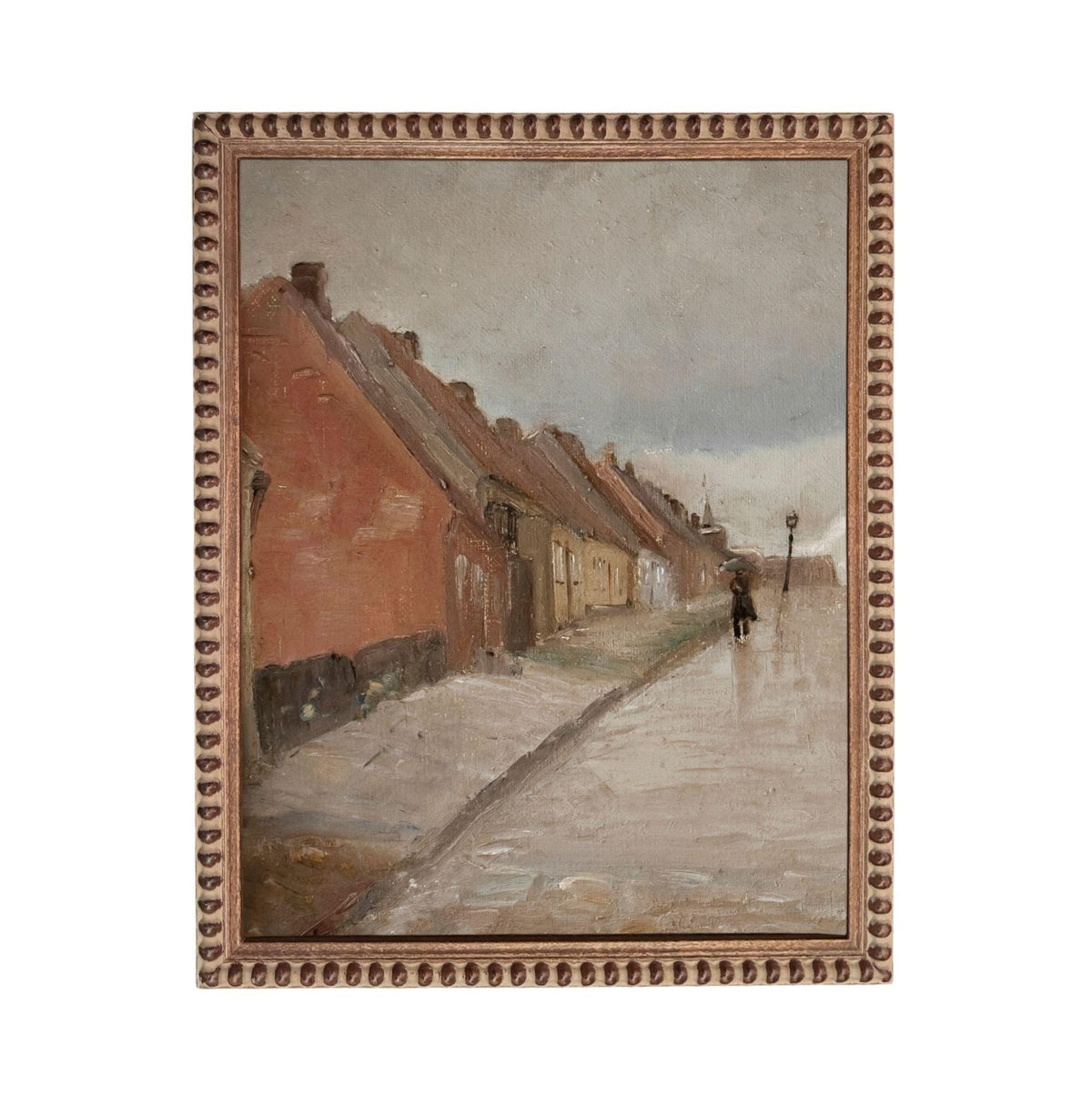 The image is an oil painting depicting a street scene with a person walking down the sidewalk.