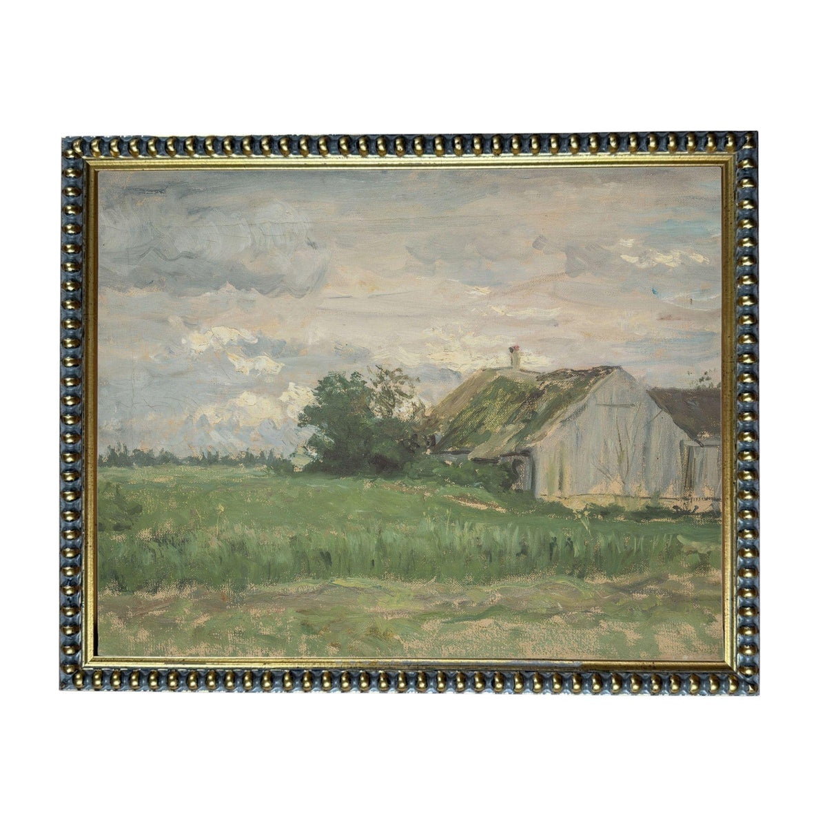 The image is a painting of a rural landscape with a barn in the background, set against a cloudy sky.