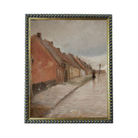 The image is an oil painting depicting a street scene with a person walking down the sidewalk.
