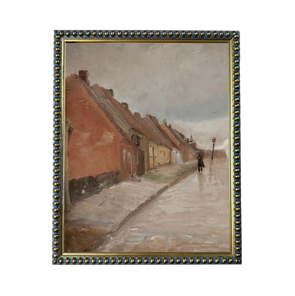 The image is an oil painting depicting a street scene with a person walking down the sidewalk.