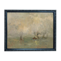 The image is an oil painting depicting a serene scene of a boat on the water, with a cloudy sky in the background.