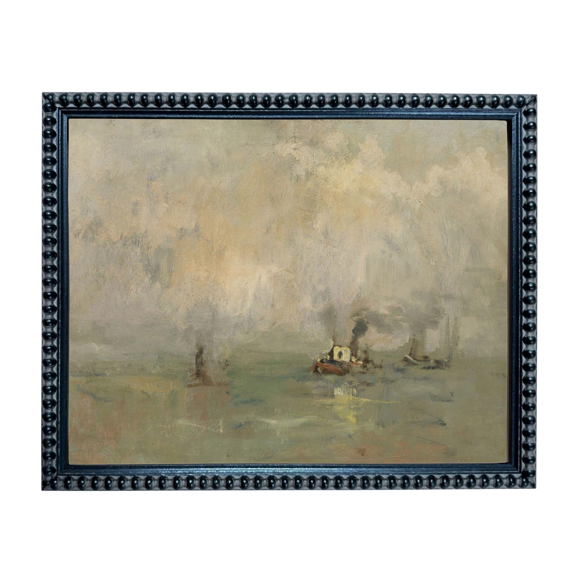 The image is an oil painting depicting a serene scene of a boat on the water, with a cloudy sky in the background.