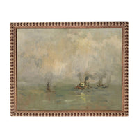 The image is an oil painting depicting a serene scene of boats on a body of water under a cloudy sky.