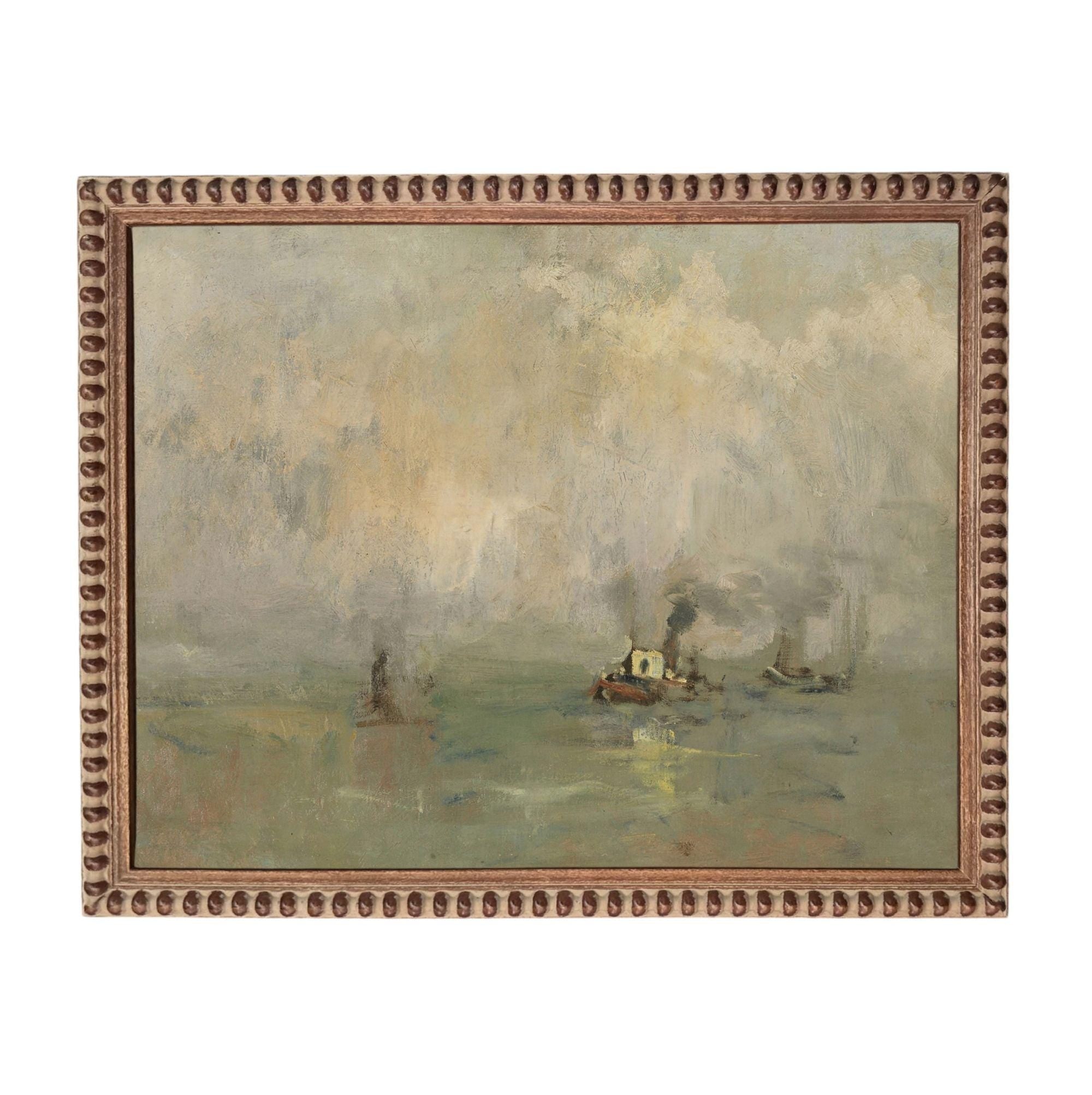 The image is an oil painting depicting a serene scene of boats on a body of water under a cloudy sky.