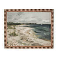 The image is a painting of a beach scene with a sailboat in the distance.