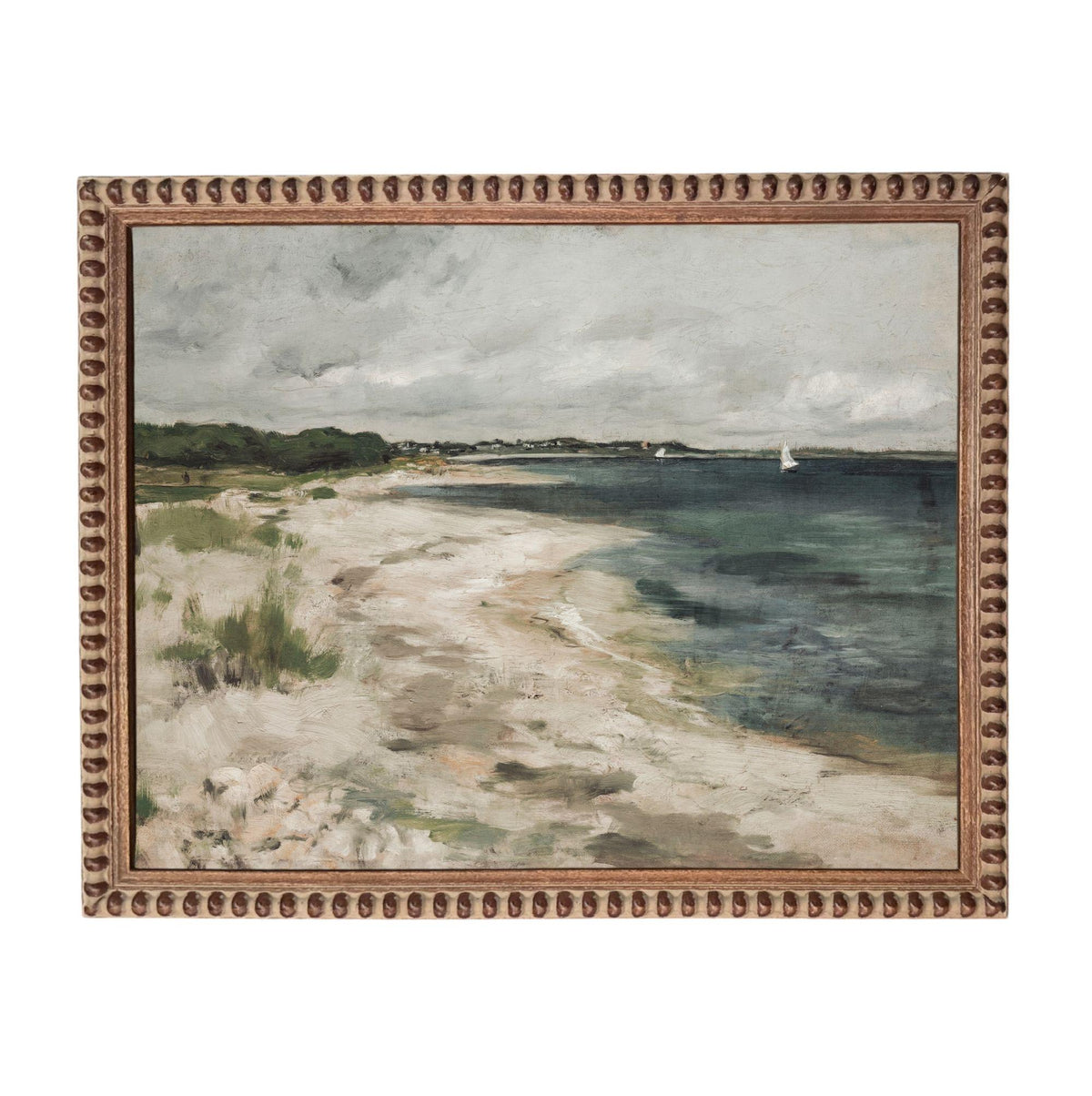 The image is a painting of a beach scene with a sailboat in the distance.