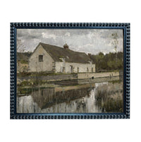 The image is a painting depicting a house situated near a body of water, with a reflection of the house in the water.
