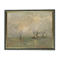 The image is an oil painting depicting a serene scene of a boat on the water, with a cloudy sky in the background.