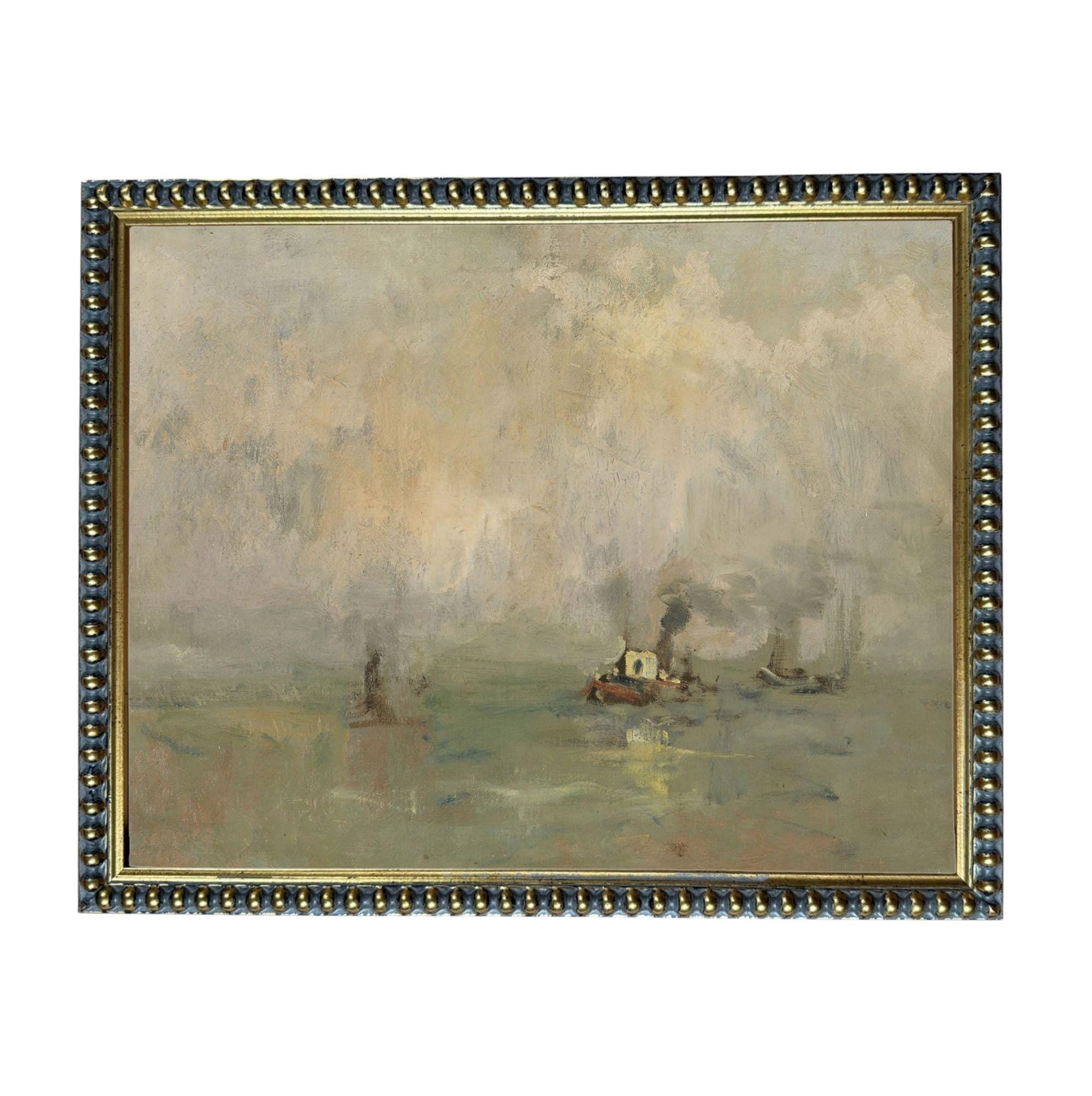 The image is an oil painting depicting a serene scene of a boat on the water, with a cloudy sky in the background.