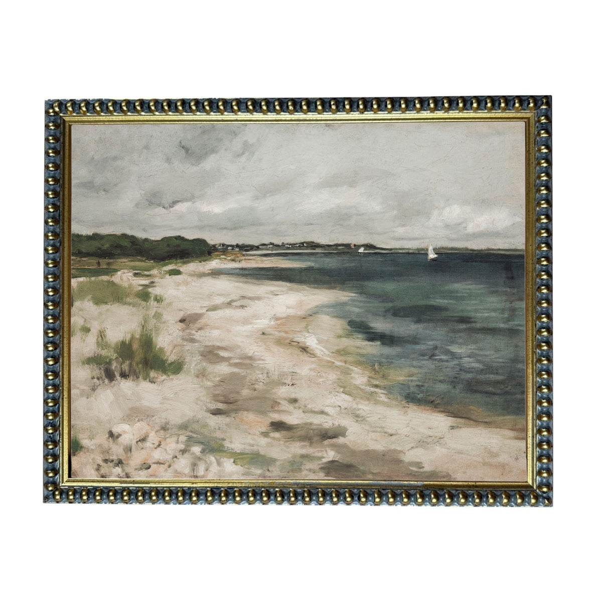 The image is a painting of a beach scene with a sailboat in the water.