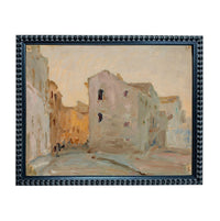 The image is an oil painting depicting a city street scene with buildings and people.