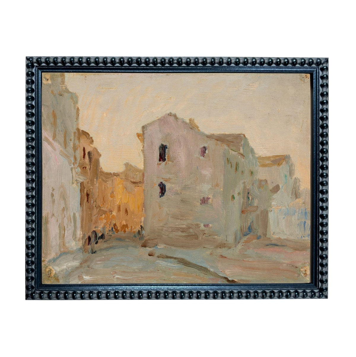 The image is an oil painting depicting a city street scene with buildings and people.