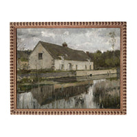 The image is an oil painting depicting a house situated next to a body of water, with a cloudy sky in the background.